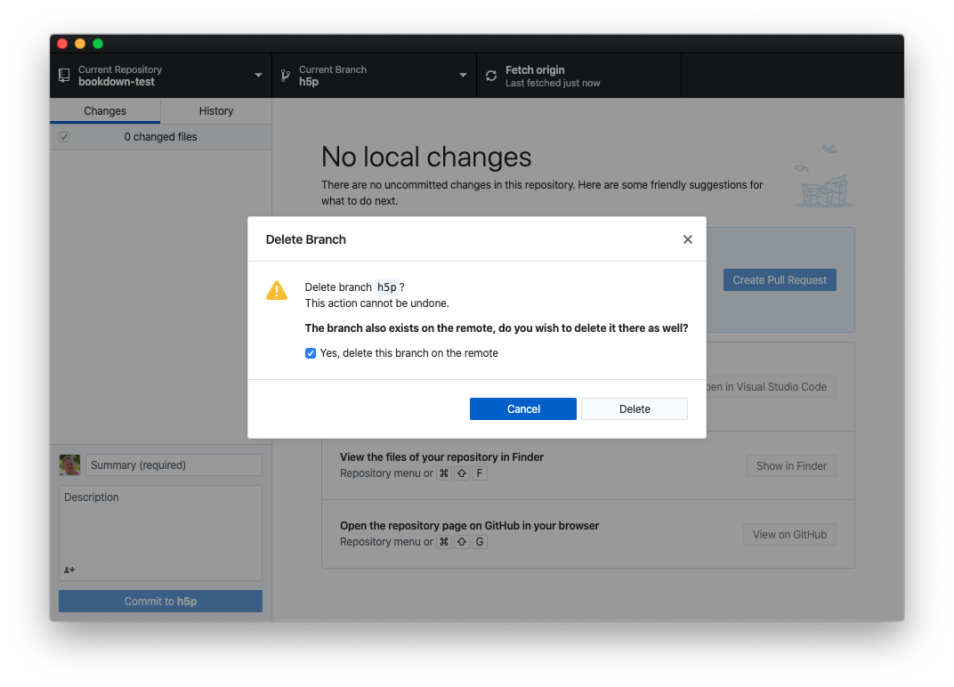 La boite de dialogue d’élimination d’une branche dans GitHub Desktop.