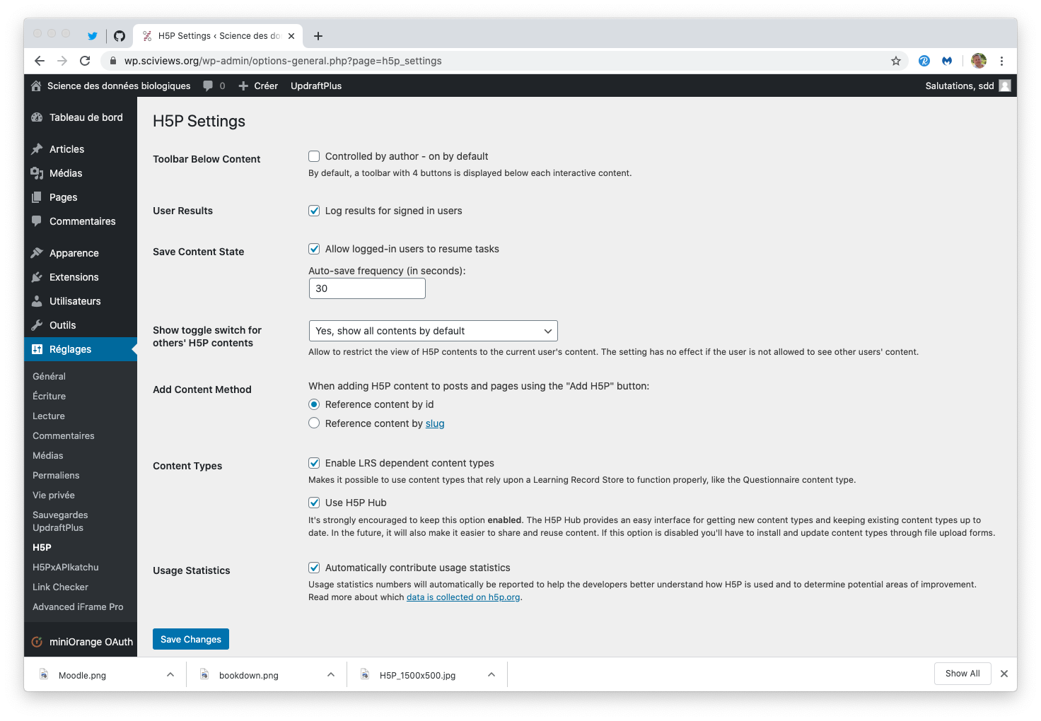 Tableau de configuration du plugin H5P dans Wordpress.