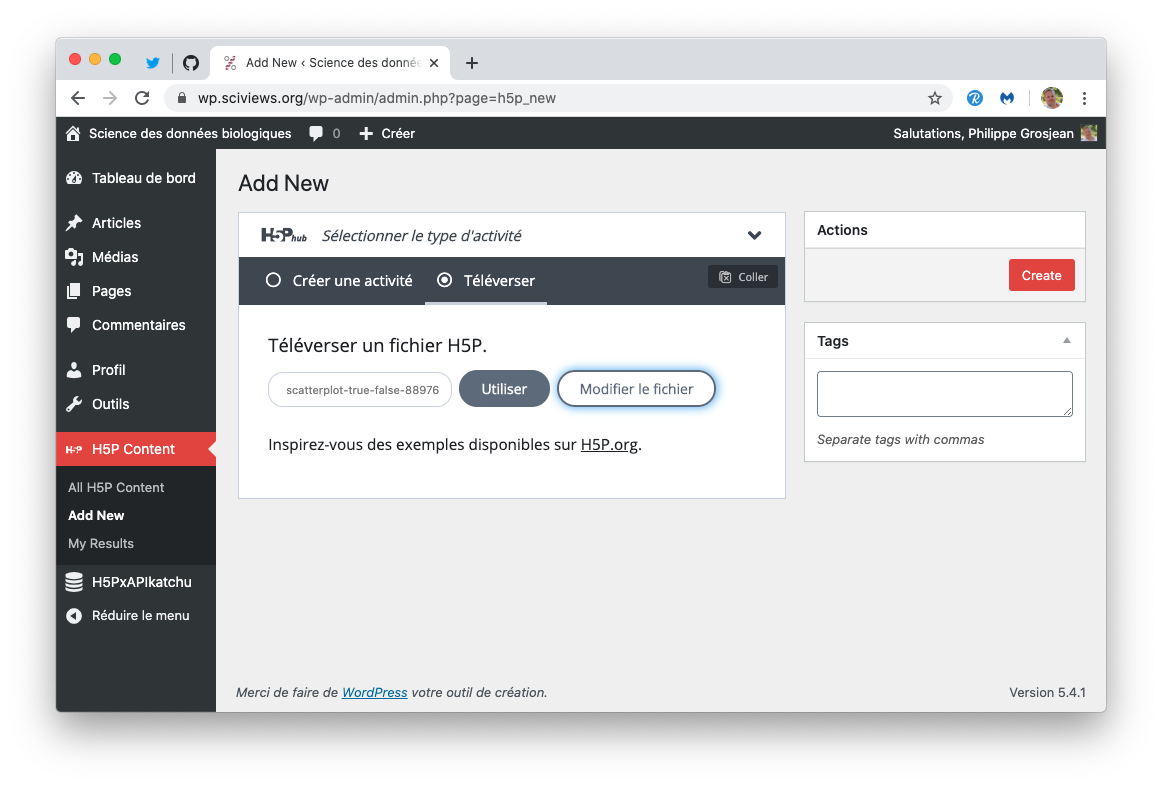 Ajout du contenu H5P sur le site Worpress par téléversement du fichier .h5p.