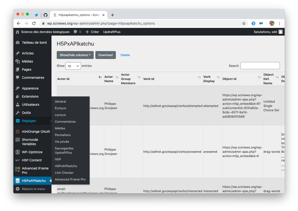 Contenu xAPI enregistré par H5PxAPIkatchu. L’utilisateur est correctement identifié dans le tableau enregistré.