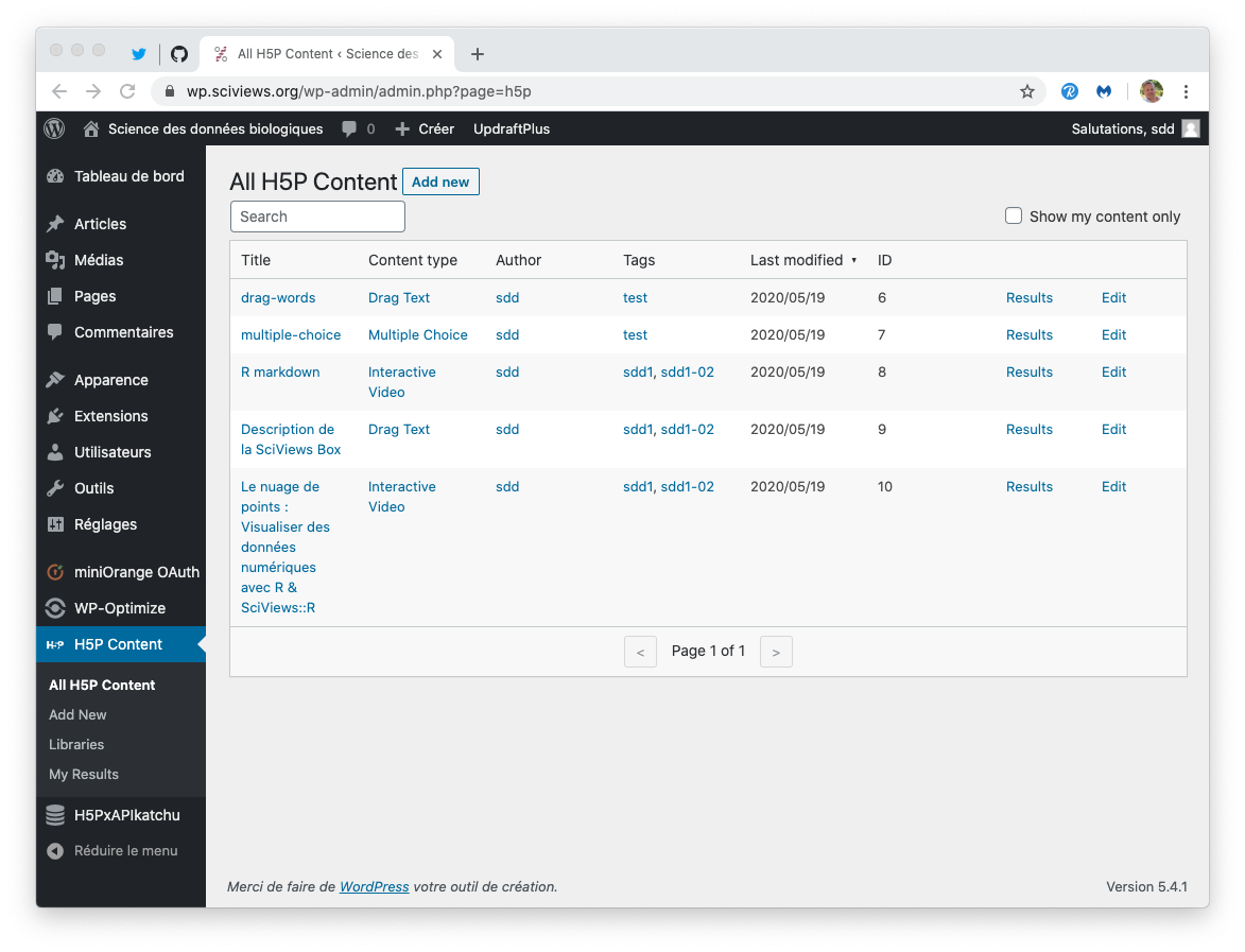 H5P Content dans Wordpress. Les widgets sont identifiés par leur ID (ici, 6, 7, 8, 9 & 10).