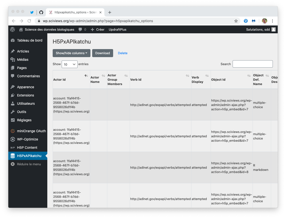 Événements xAPI dans H5PxAPIkatchu. En bas du tableau, on peut filtrer les données, et le bouton Download permet de récupérer le tableau filtré au format CSV. Le lien Delete permet de tout effacer et n’est disponible que pour un administrateur du site.