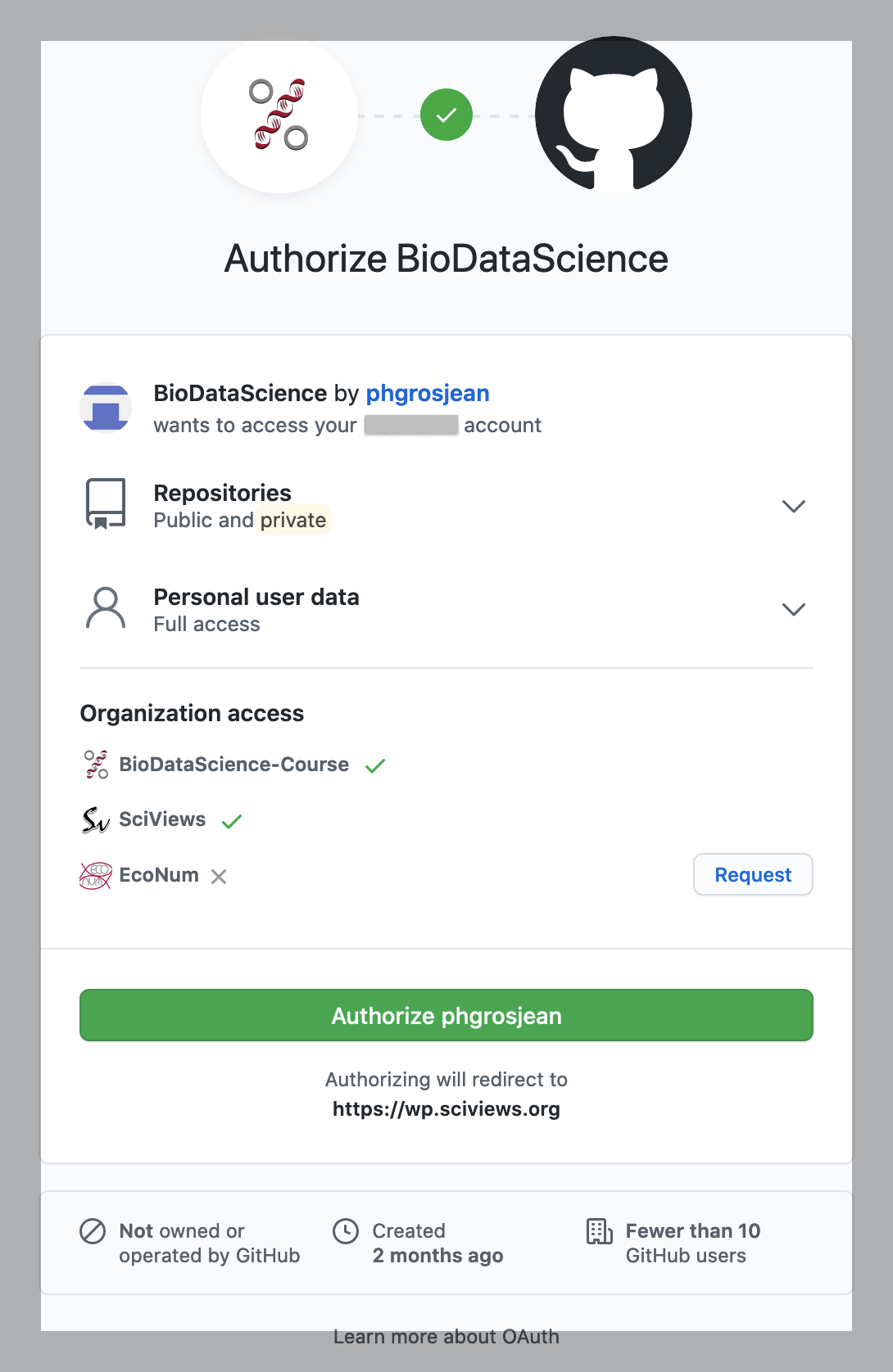 Écran de login via GitHub la première fois que l’étudiant se connecte à GitHub via Wordpress au travers de l’application dédié qui est nommé ici “BioDataScience”.